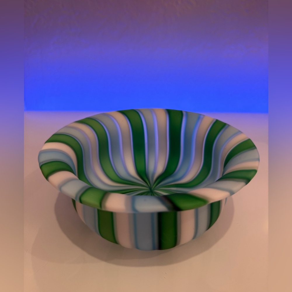 Vintage Green ,blue and  white Striped Blown Decorative Bowl so beautiful